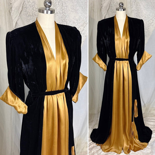 Vintage 1940's Black Velvet & Gold Rayon Satin Dressing Gown by Linda, California Creator, size S, M - Daggers & Dames