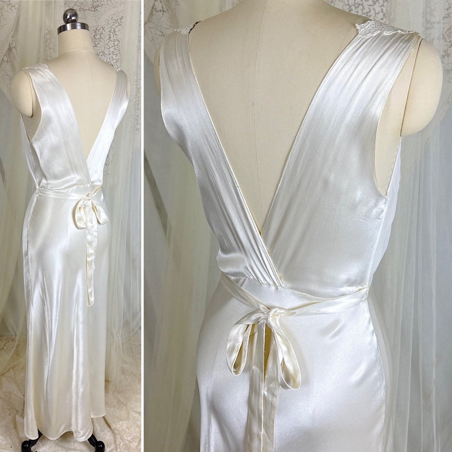 Vintage 1940's Bright White Crepe Back Satin & Chiffon Nightgown, size XS, S - Daggers & Dames