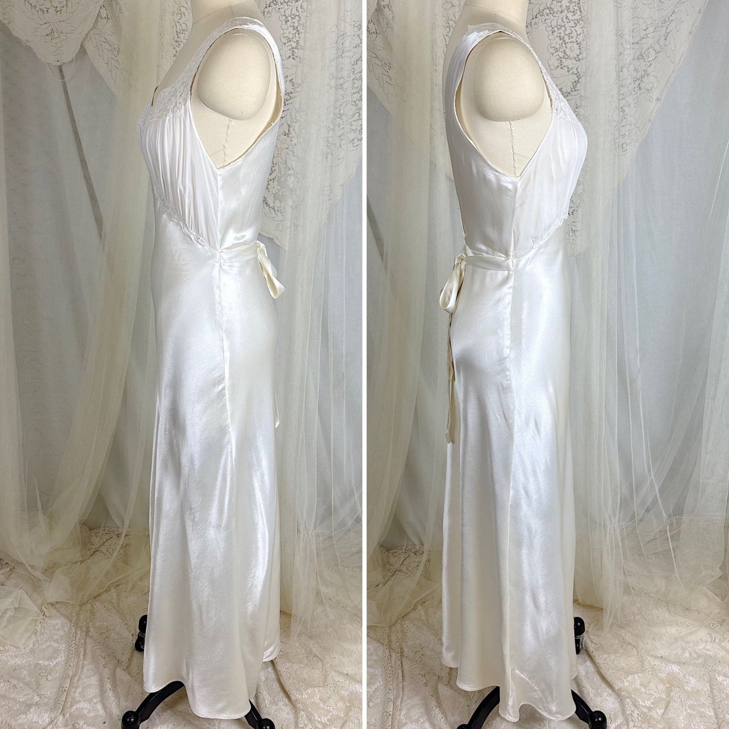 Vintage 1940's Bright White Crepe Back Satin & Chiffon Nightgown, size XS, S - Daggers & Dames