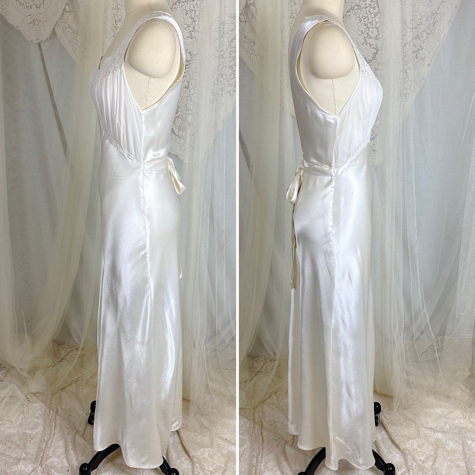 Vintage 1940's Bright White Crepe Back Satin & Chiffon Nightgown, size XS, S - Daggers & Dames