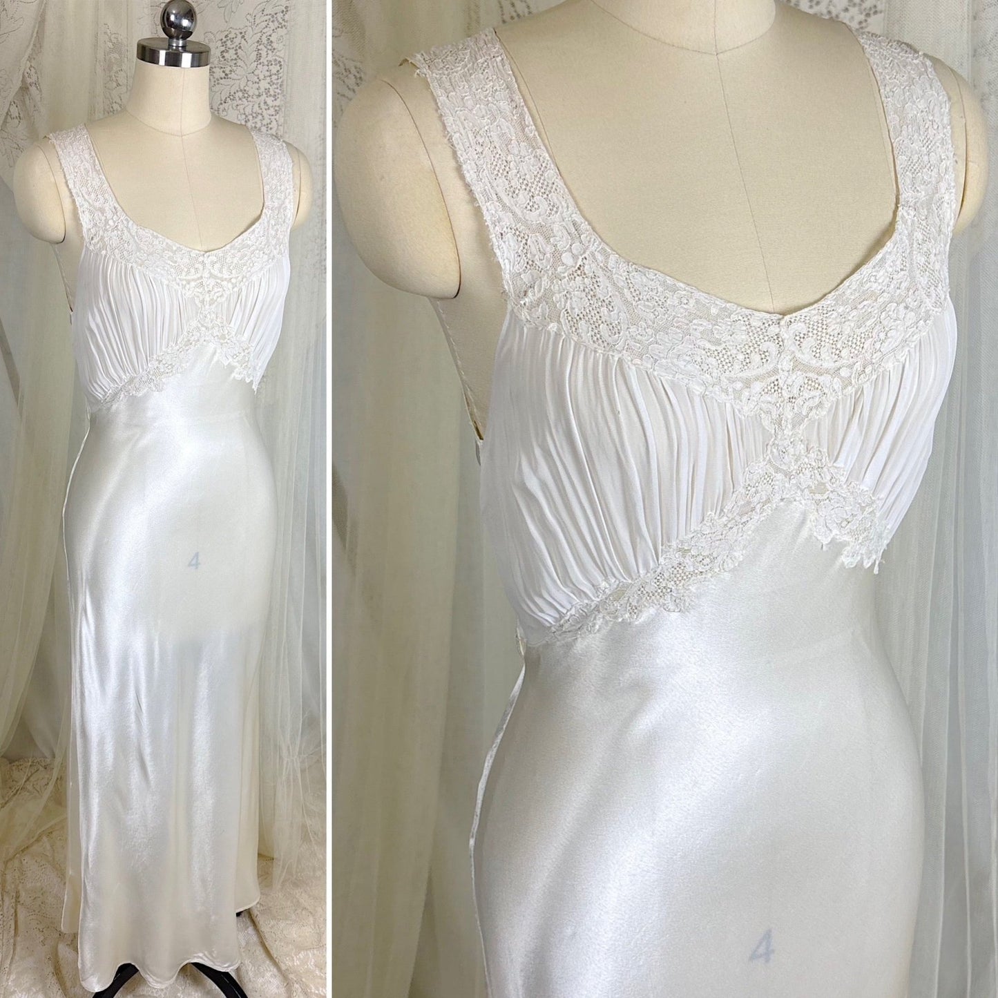 Vintage 1940's Bright White Crepe Back Satin & Chiffon Nightgown, size XS, S - Daggers & Dames