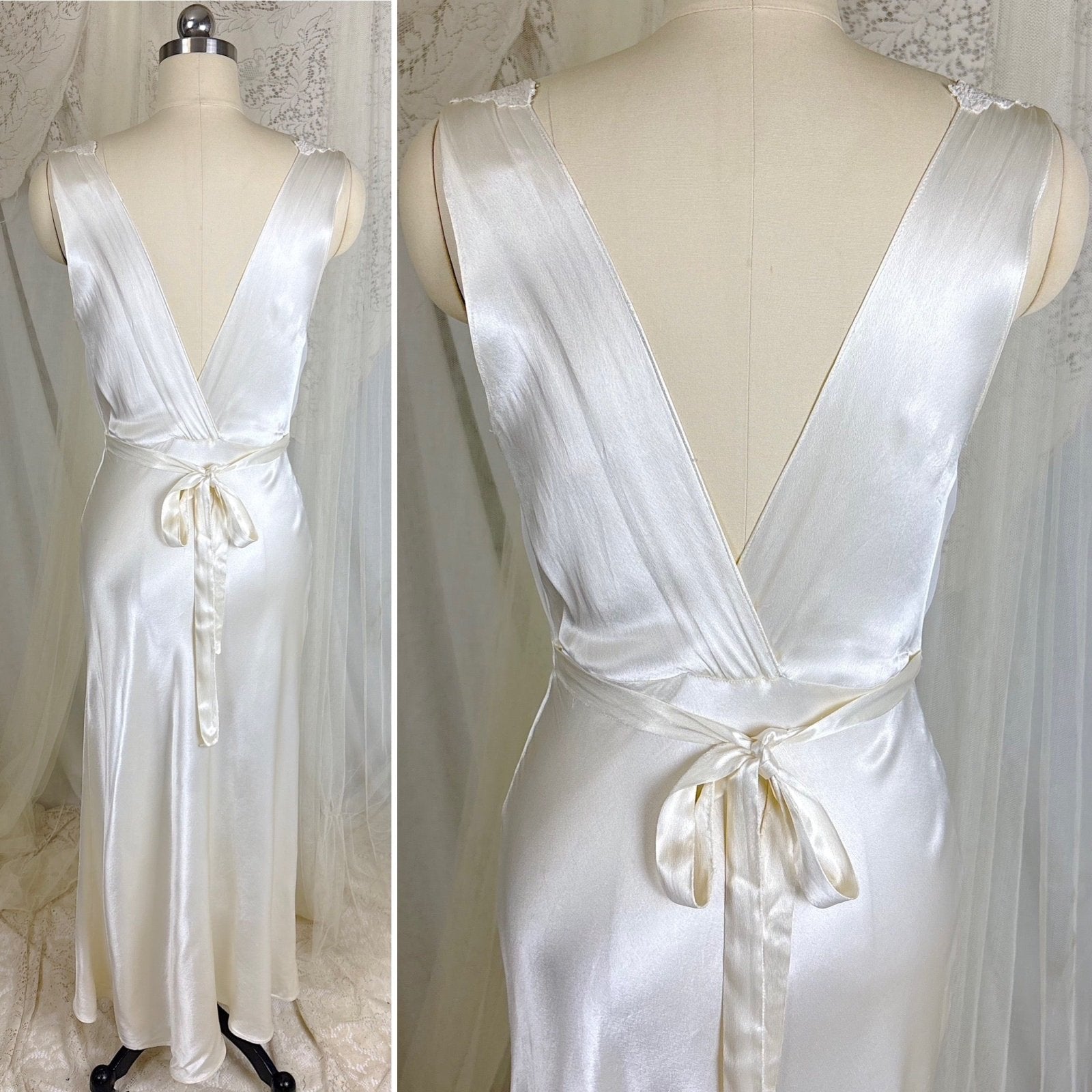 Vintage 1940's Bright White Crepe Back Satin & Chiffon Nightgown, size XS, S - Daggers & Dames