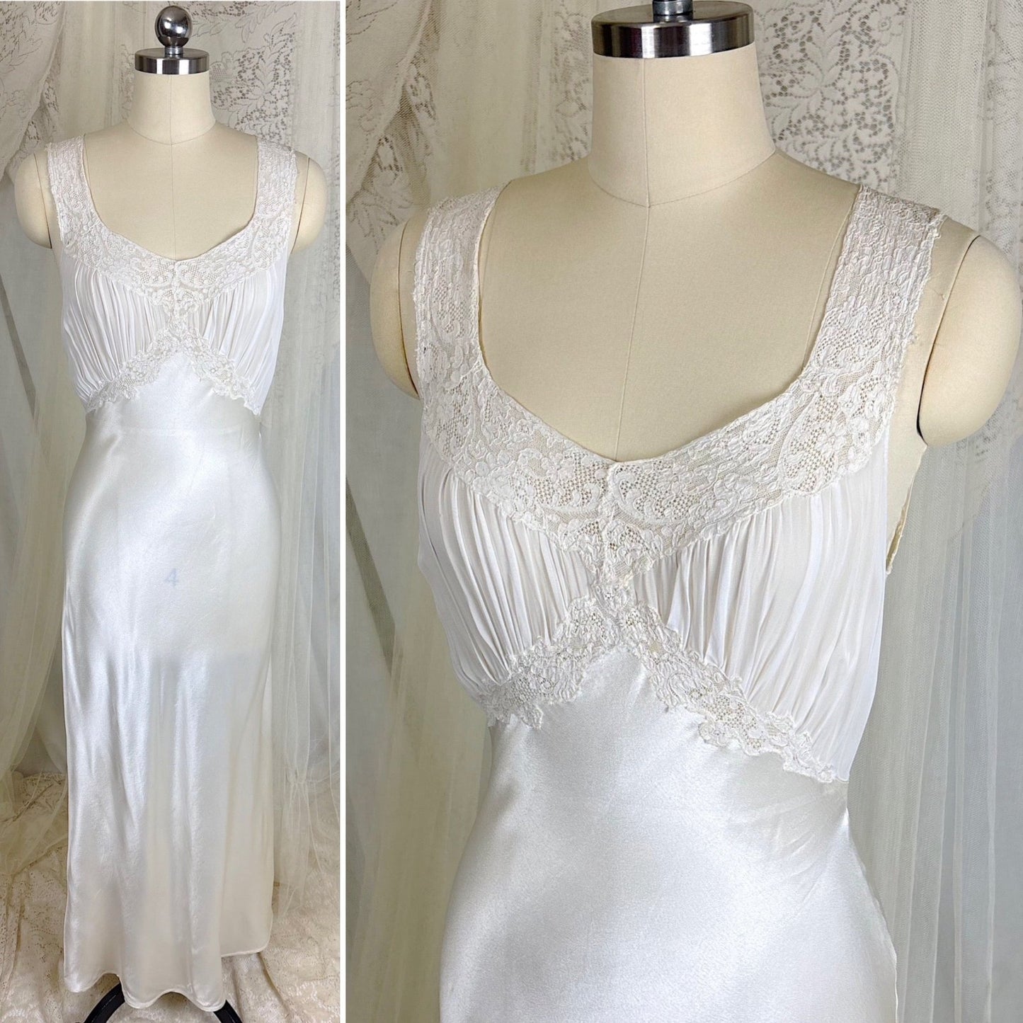 Vintage 1940's Bright White Crepe Back Satin & Chiffon Nightgown, size XS, S - Daggers & Dames