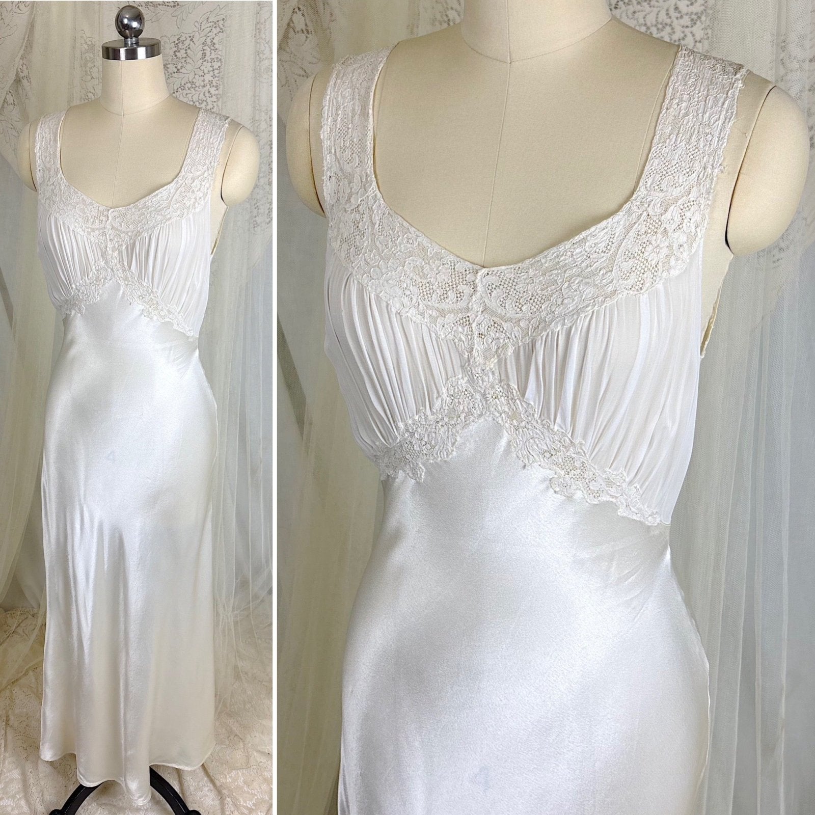 Vintage 1940's Bright White Crepe Back Satin & Chiffon Nightgown, size XS, S - Daggers & Dames