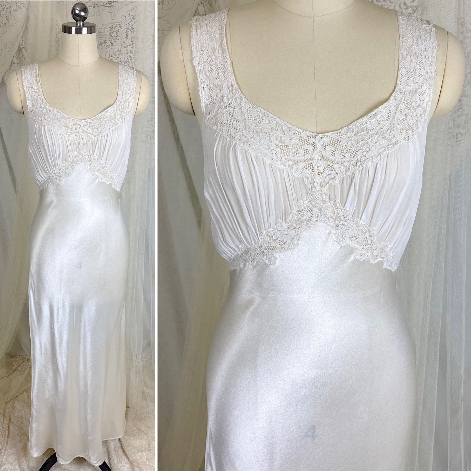 Vintage 1940's Bright White Crepe Back Satin & Chiffon Nightgown, size XS, S - Daggers & Dames