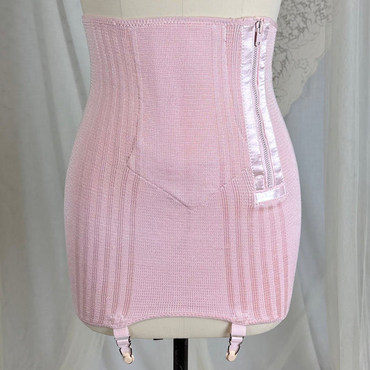 Vintage 1940's Bubblegum Pink Sweater Knit Girdle with Sateen Stripes by Bestform, size S, M, LG - Daggers & Dames