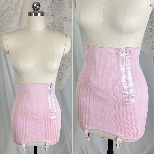 Vintage 1940's Bubblegum Pink Sweater Knit Girdle with Sateen Stripes by Bestform, size S, M, LG - Daggers & Dames