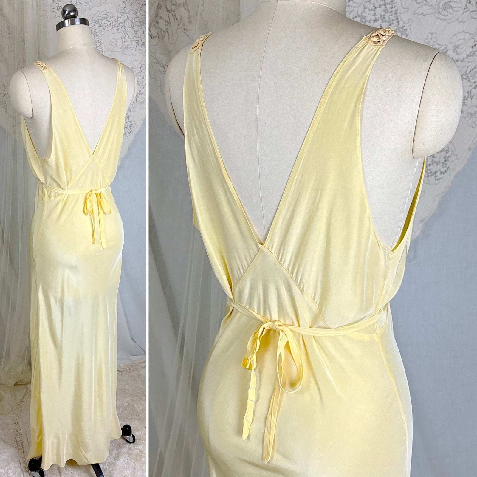 Vintage 1940's Buff Yellow Rayon Nightgown with Soutache - Size S, M - Daggers & Dames