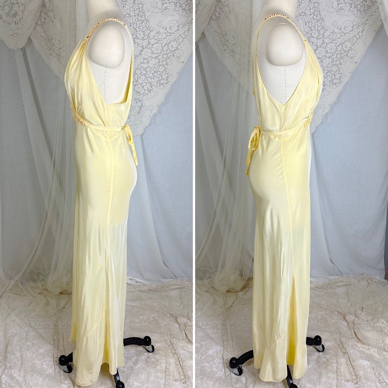 Vintage 1940's Buff Yellow Rayon Nightgown with Soutache - Size S, M - Daggers & Dames