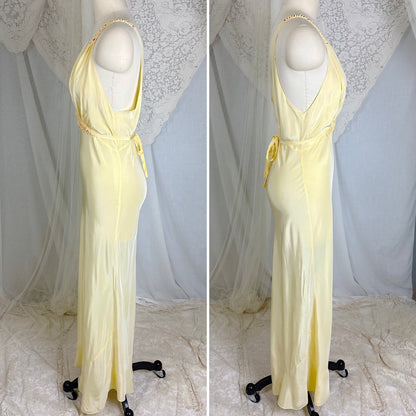 Vintage 1940's Buff Yellow Rayon Nightgown with Soutache - Size S, M - Daggers & Dames