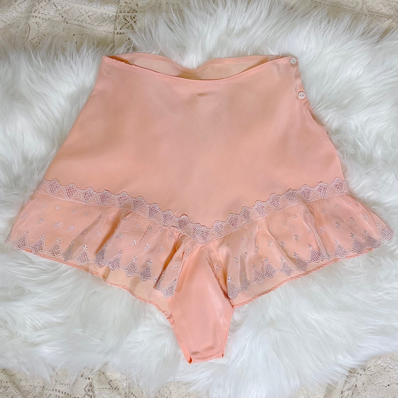 Vintage 1940's Candy Pink Rayon Tap Pants with Silver Bell Embroidery - Size XS - Daggers & Dames