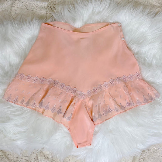 Vintage 1940's Candy Pink Rayon Tap Pants with Silver Bell Embroidery - Size XS - Daggers & Dames