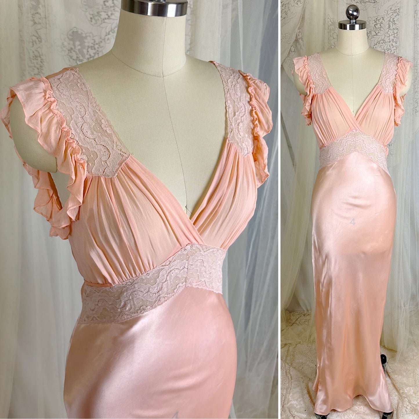 Vintage 1940's Creamy Pink Rayon Satin & Chiffon Nightgown, size XS, S - Daggers & Dames