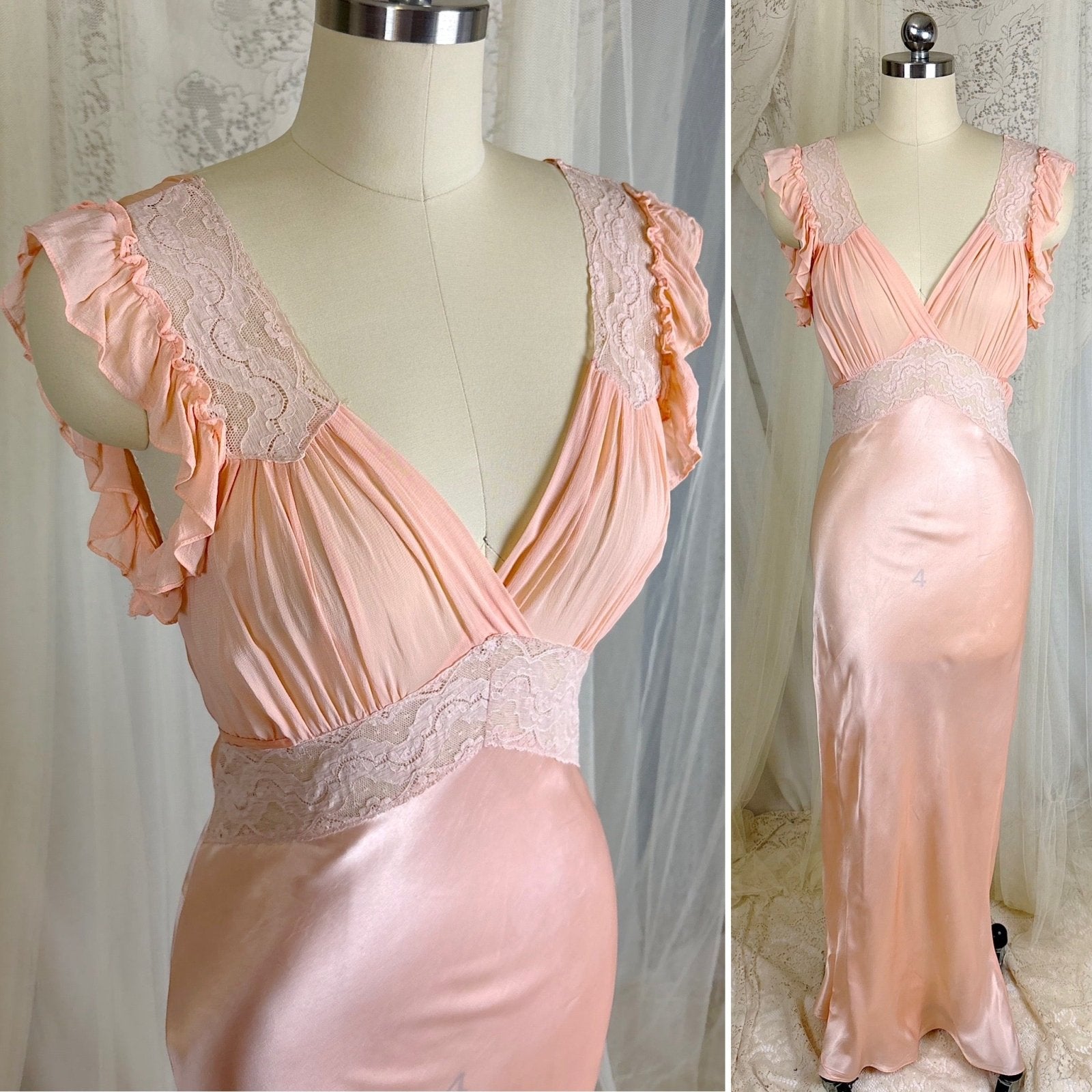 Vintage 1940's Creamy Pink Rayon Satin & Chiffon Nightgown, size XS, S - Daggers & Dames