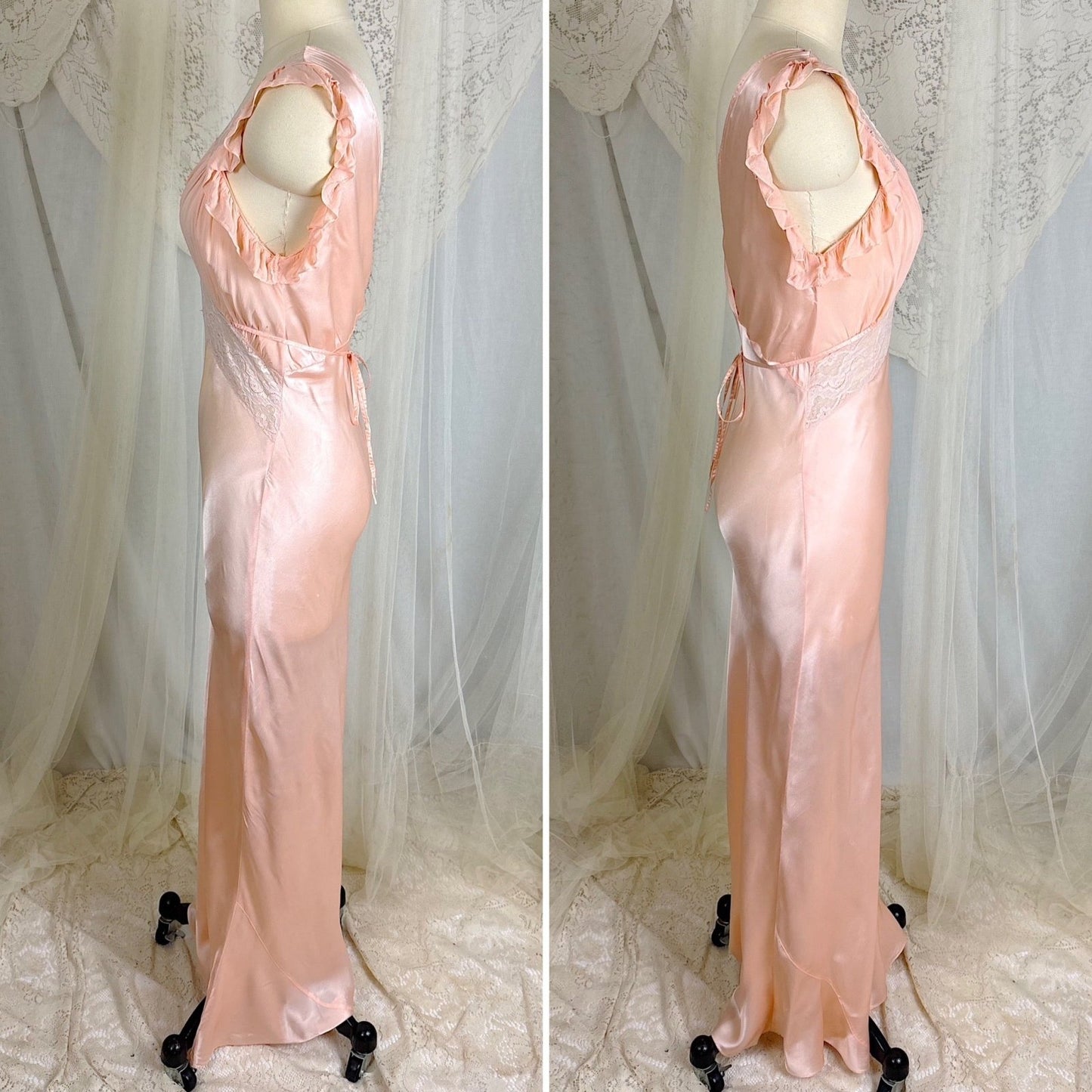 Vintage 1940's Creamy Pink Rayon Satin & Chiffon Nightgown, size XS, S - Daggers & Dames