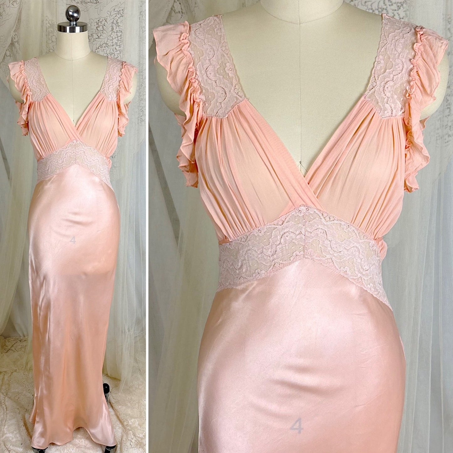 Vintage 1940's Creamy Pink Rayon Satin & Chiffon Nightgown, size XS, S - Daggers & Dames