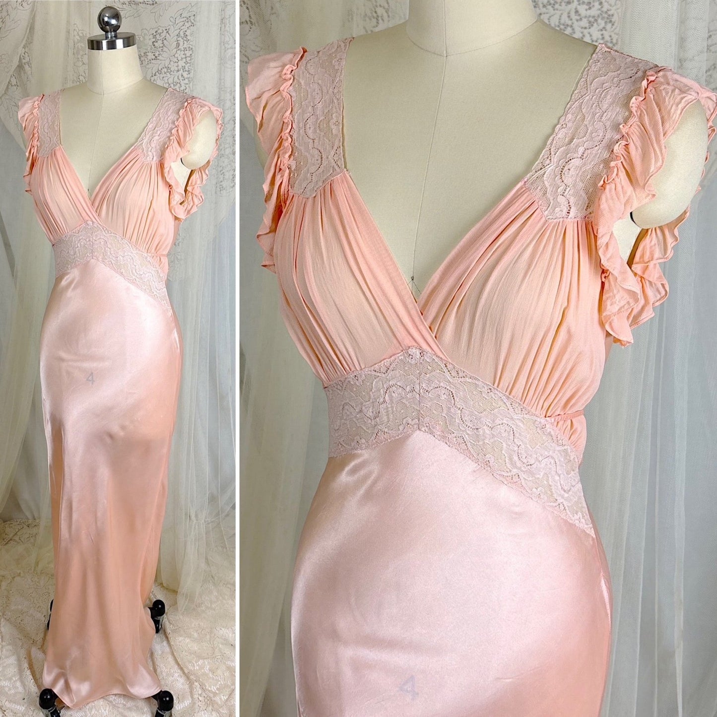 Vintage 1940's Creamy Pink Rayon Satin & Chiffon Nightgown, size XS, S - Daggers & Dames