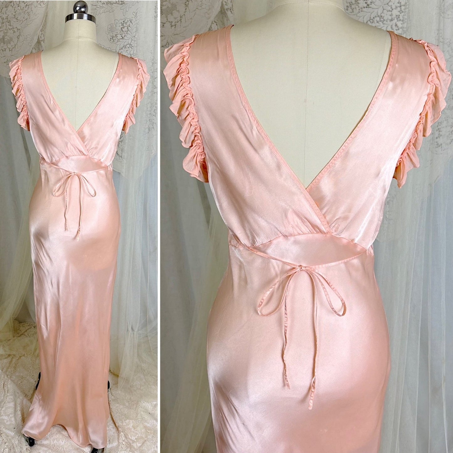 Vintage 1940's Creamy Pink Rayon Satin & Chiffon Nightgown, size XS, S - Daggers & Dames