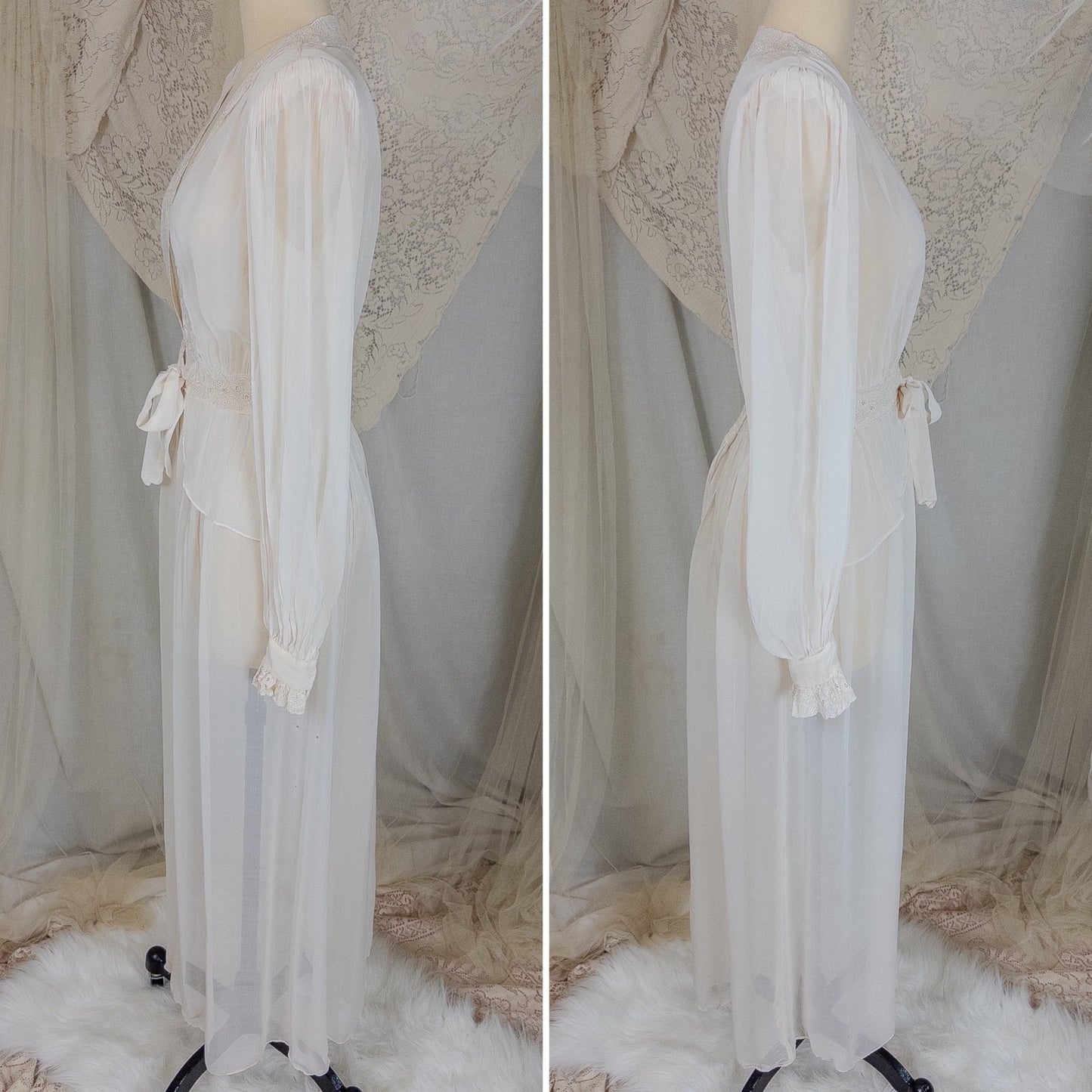 Vintage 1940's Dressing Gown Robe - Sheer White Rayon Chiffon with Satin Embroidery | Medium - Daggers & Dames
