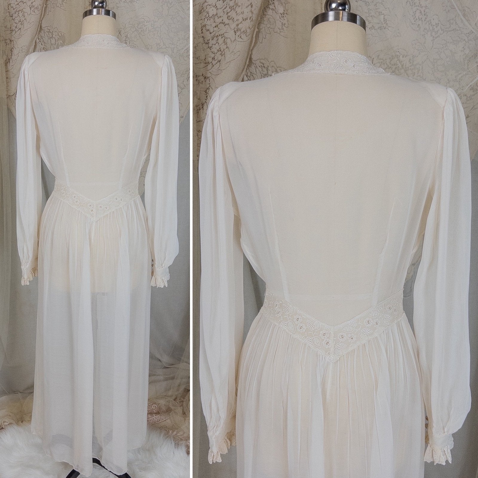 Vintage 1940's Dressing Gown Robe - Sheer White Rayon Chiffon with Satin Embroidery | Medium - Daggers & Dames