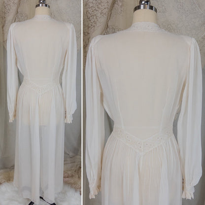 Vintage 1940's Dressing Gown Robe - Sheer White Rayon Chiffon with Satin Embroidery | Medium - Daggers & Dames