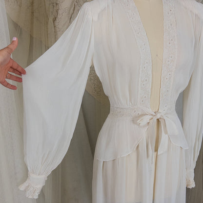 Vintage 1940's Dressing Gown Robe - Sheer White Rayon Chiffon with Satin Embroidery | Medium - Daggers & Dames