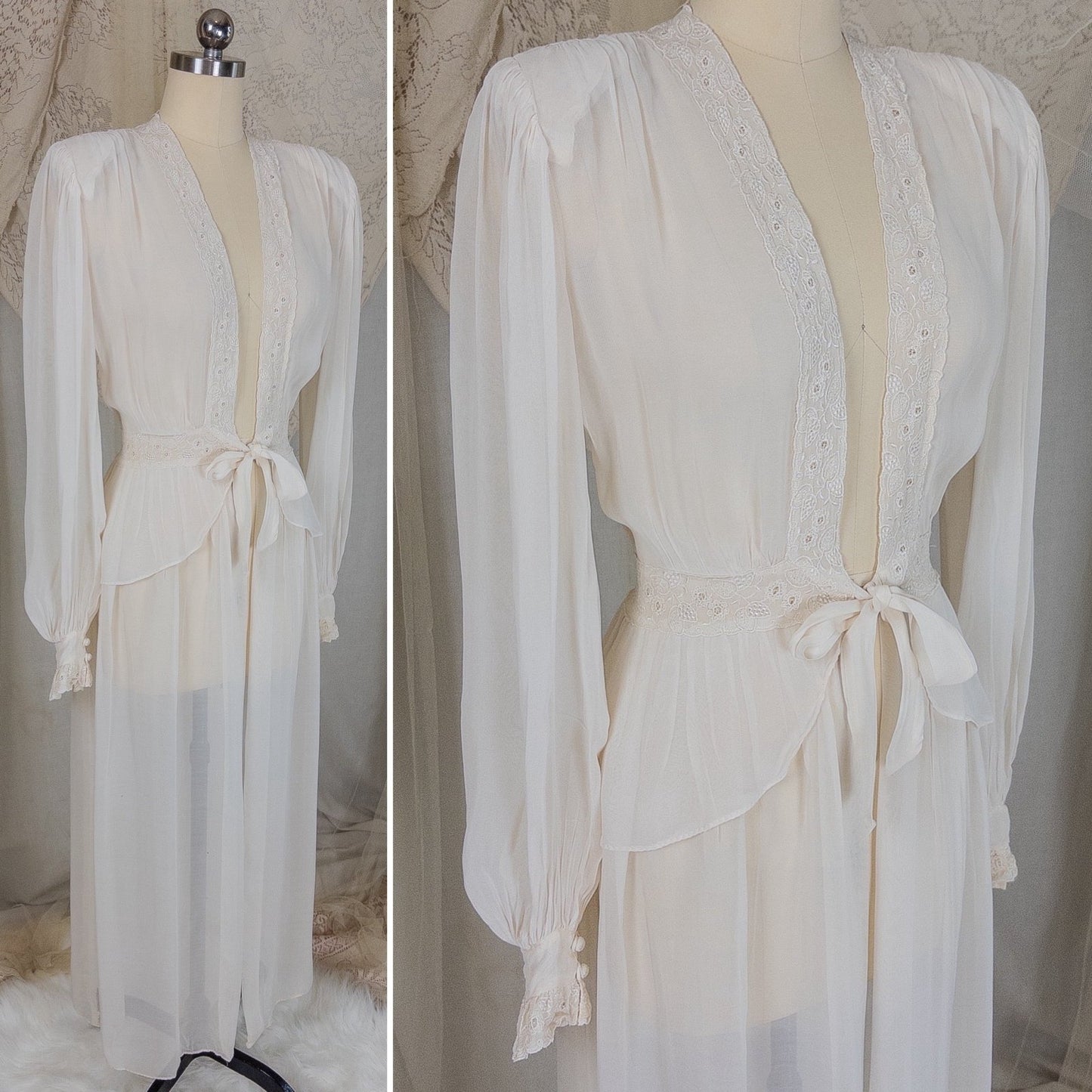 Vintage 1940's Dressing Gown Robe - Sheer White Rayon Chiffon with Satin Embroidery | Medium - Daggers & Dames
