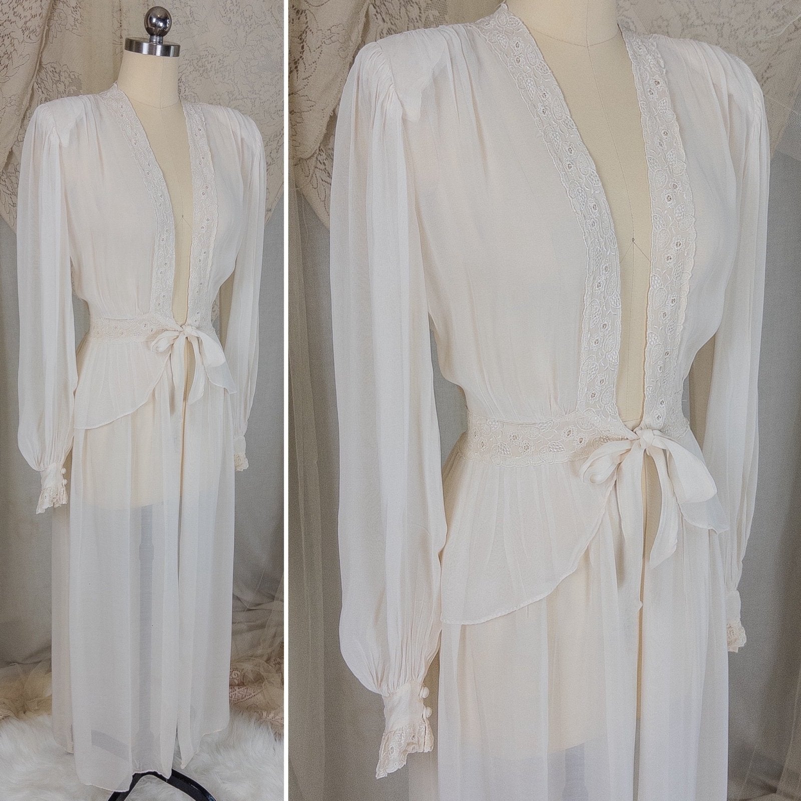 Vintage 1940's Dressing Gown Robe - Sheer White Rayon Chiffon with Satin Embroidery | Medium - Daggers & Dames
