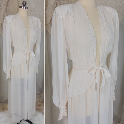 Vintage 1940's Dressing Gown Robe - Sheer White Rayon Chiffon with Satin Embroidery | Medium - Daggers & Dames