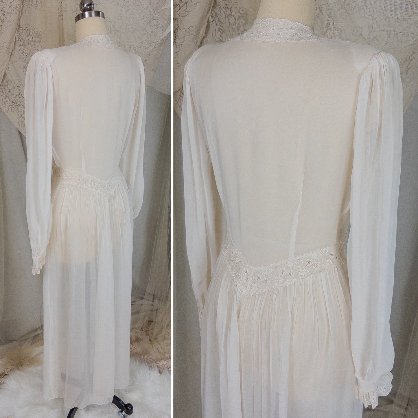 Vintage 1940's Dressing Gown Robe - Sheer White Rayon Chiffon with Satin Embroidery | Medium - Daggers & Dames