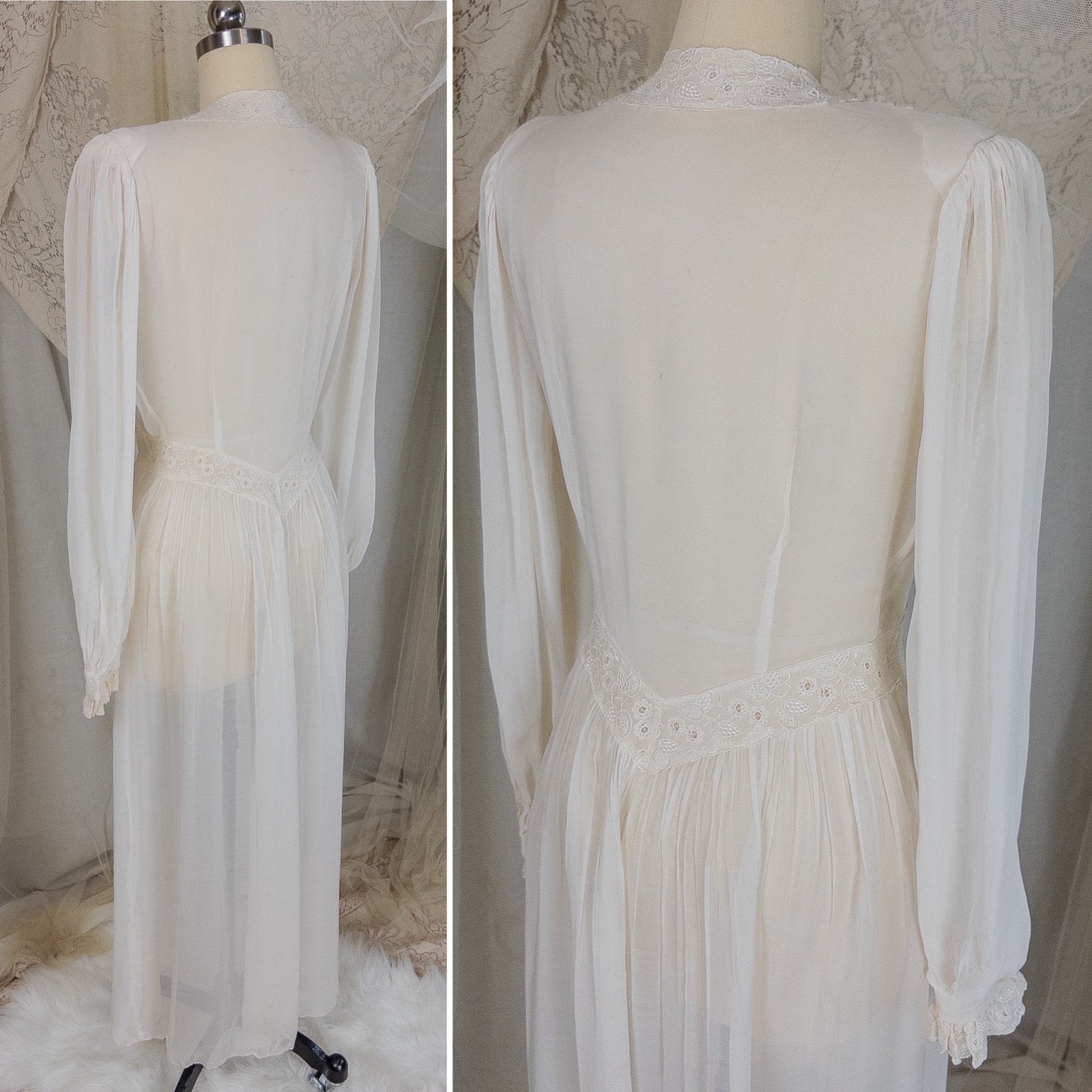 Vintage 1940's Dressing Gown Robe - Sheer White Rayon Chiffon with Satin Embroidery | Medium - Daggers & Dames