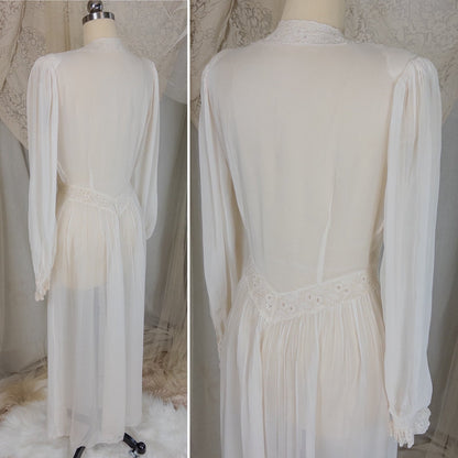 Vintage 1940's Dressing Gown Robe - Sheer White Rayon Chiffon with Satin Embroidery | Medium - Daggers & Dames