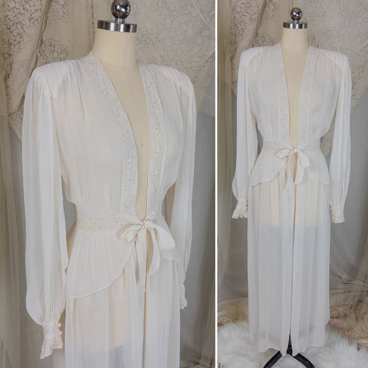 Vintage 1940's Dressing Gown Robe - Sheer White Rayon Chiffon with Satin Embroidery | Medium - Daggers & Dames