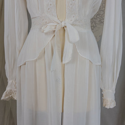 Vintage 1940's Dressing Gown Robe - Sheer White Rayon Chiffon with Satin Embroidery | Medium - Daggers & Dames