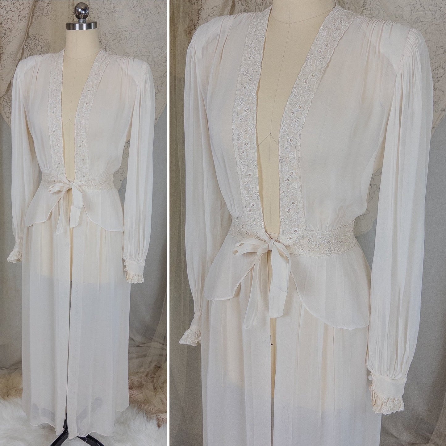 Vintage 1940's Dressing Gown Robe - Sheer White Rayon Chiffon with Satin Embroidery | Medium - Daggers & Dames