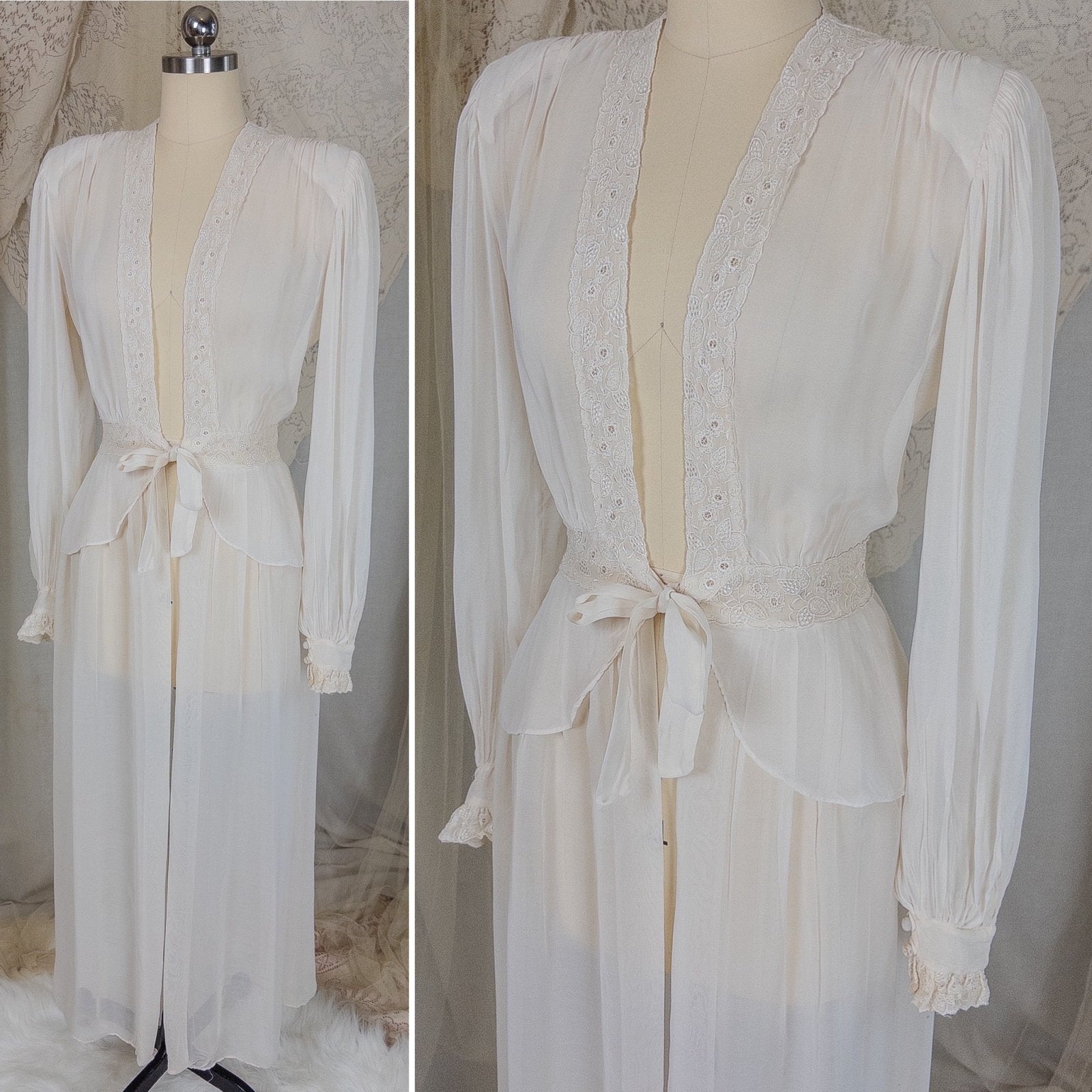 Vintage 1940's Dressing Gown Robe - Sheer White Rayon Chiffon with Satin Embroidery | Medium - Daggers & Dames