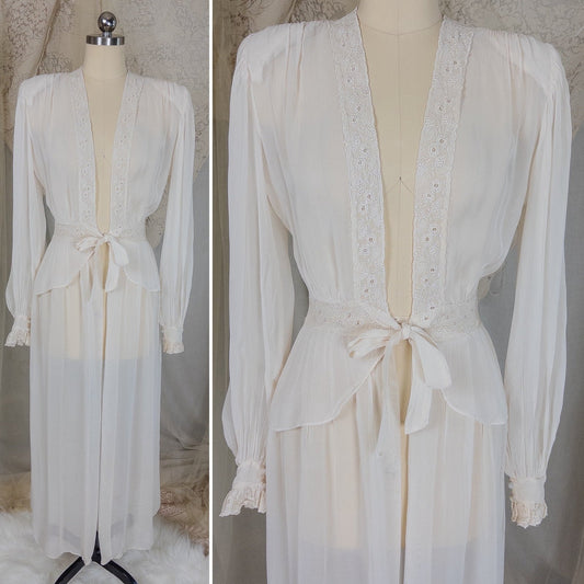 Vintage 1940's Dressing Gown Robe - Sheer White Rayon Chiffon with Satin Embroidery | Medium - Daggers & Dames