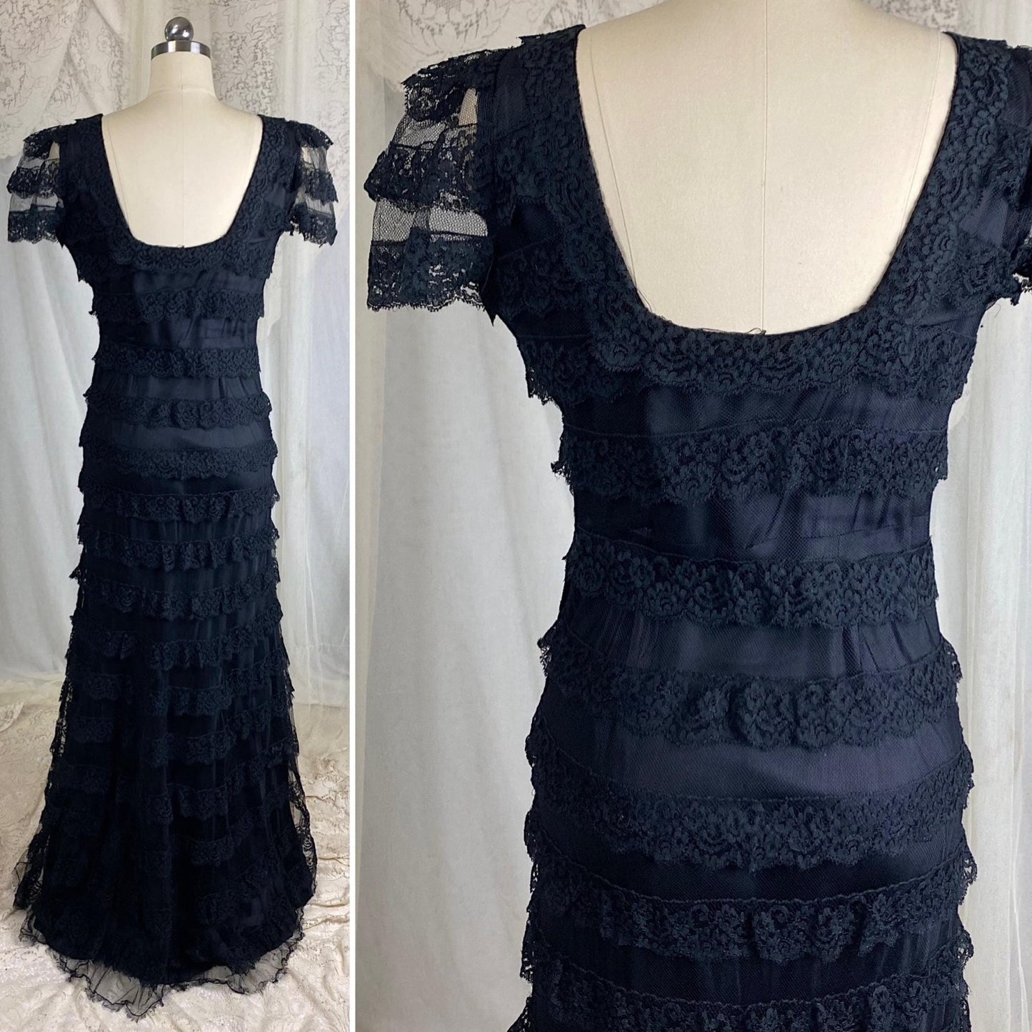 Vintage 1940's Evening Gown - Black Tulle Net with Ruffled Floral Lace & Taffeta Lining - Size S, M - Daggers & Dames