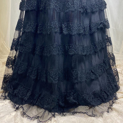 Vintage 1940's Evening Gown - Black Tulle Net with Ruffled Floral Lace & Taffeta Lining - Size S, M - Daggers & Dames