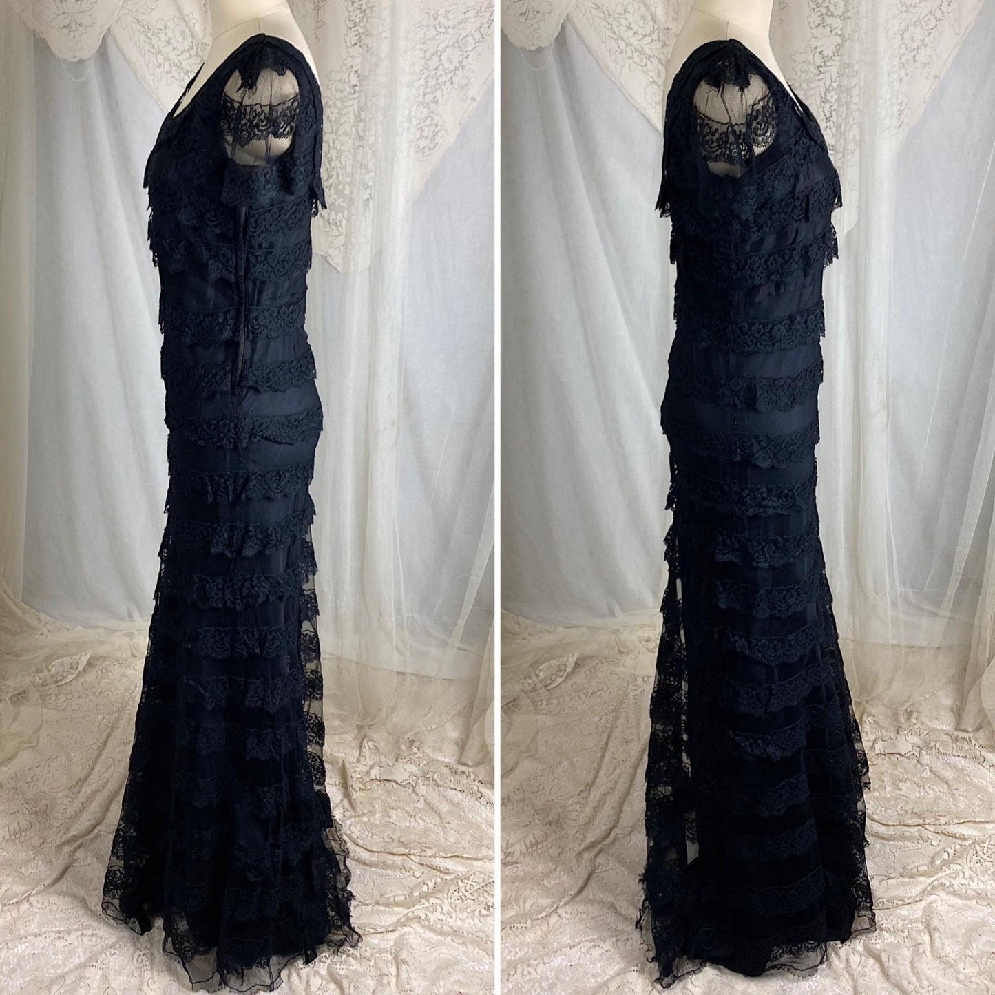 Vintage 1940's Evening Gown - Black Tulle Net with Ruffled Floral Lace & Taffeta Lining - Size S, M - Daggers & Dames
