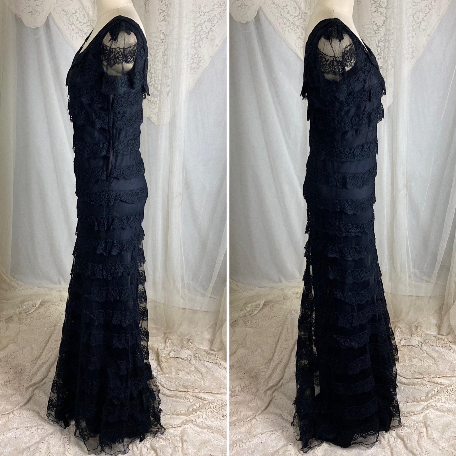 Vintage 1940's Evening Gown - Black Tulle Net with Ruffled Floral Lace & Taffeta Lining - Size S, M - Daggers & Dames