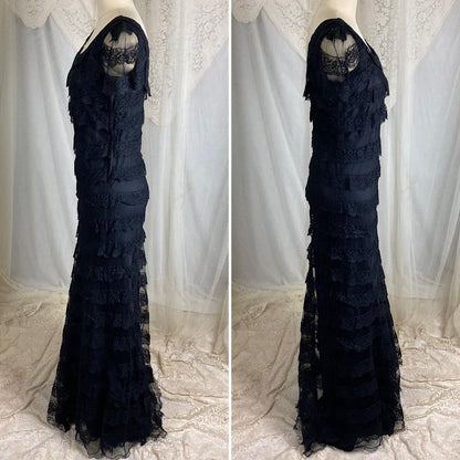 Vintage 1940's Evening Gown - Black Tulle Net with Ruffled Floral Lace & Taffeta Lining - Size S, M - Daggers & Dames