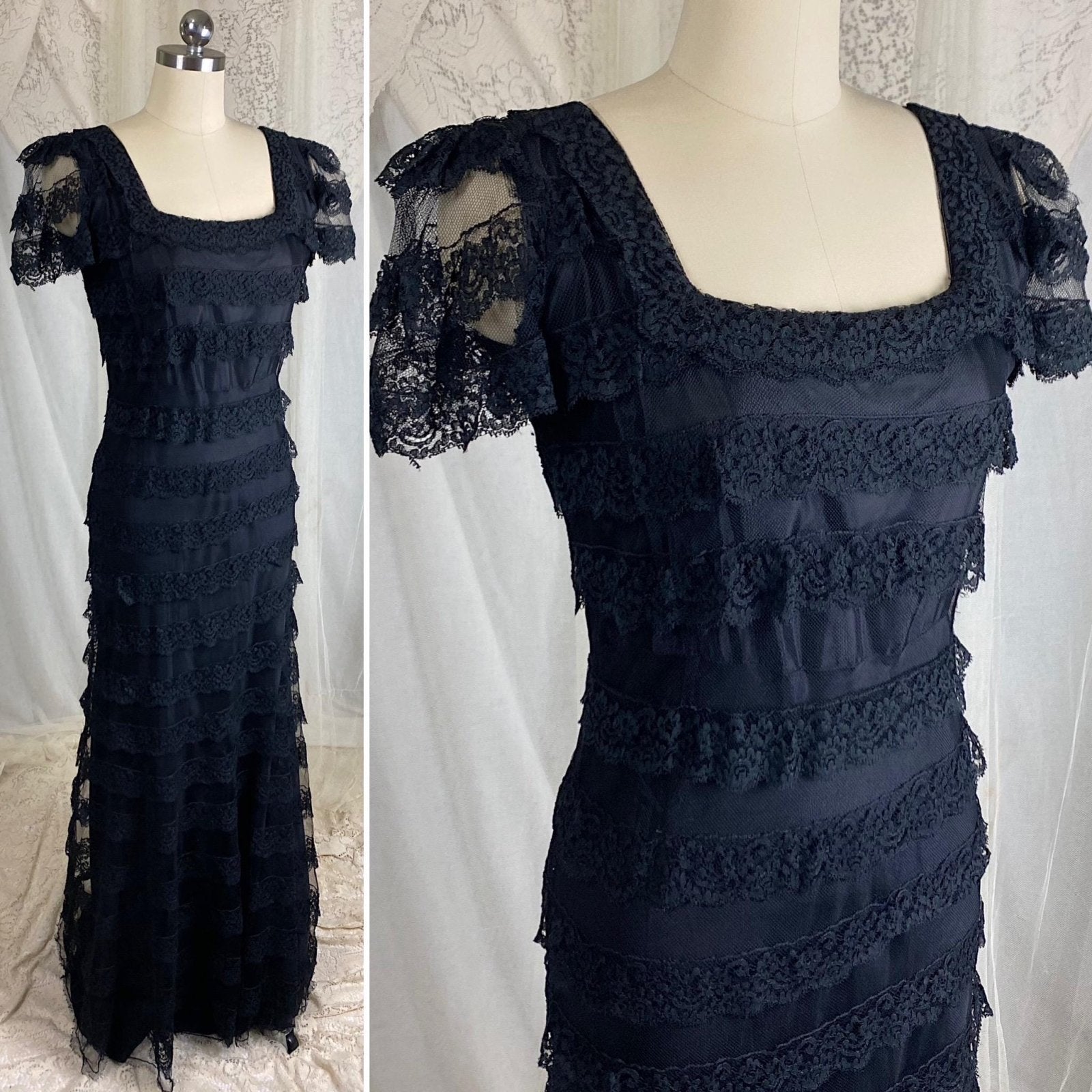 Vintage 1940's Evening Gown - Black Tulle Net with Ruffled Floral Lace & Taffeta Lining - Size S, M - Daggers & Dames