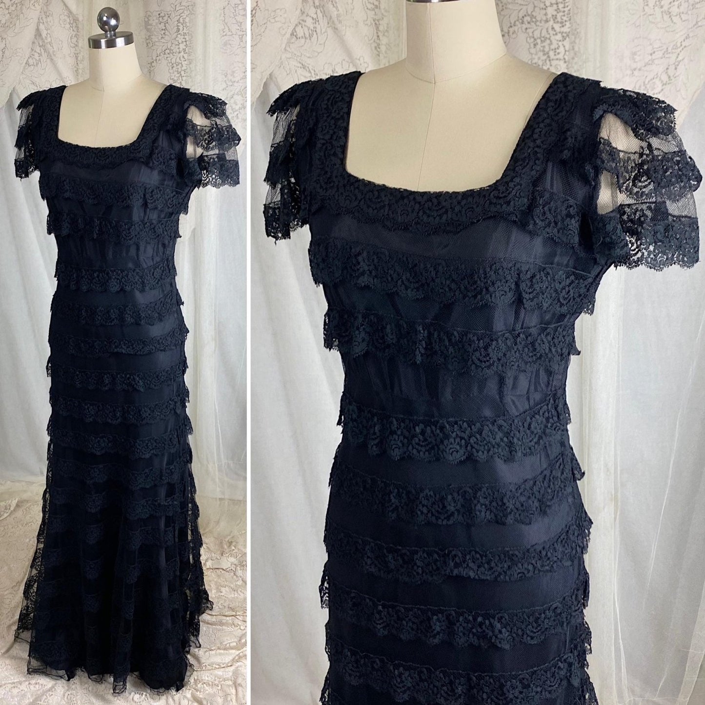 Vintage 1940's Evening Gown - Black Tulle Net with Ruffled Floral Lace & Taffeta Lining - Size S, M - Daggers & Dames