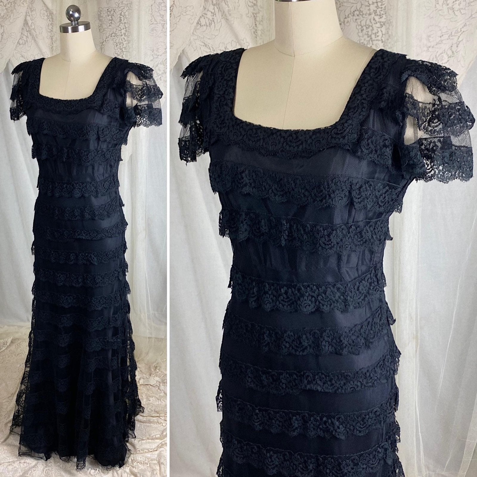 Vintage 1940's Evening Gown - Black Tulle Net with Ruffled Floral Lace & Taffeta Lining - Size S, M - Daggers & Dames