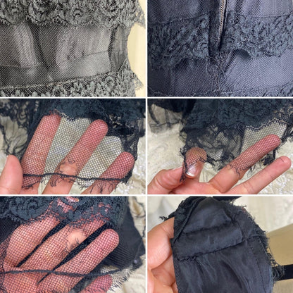 Vintage 1940's Evening Gown - Black Tulle Net with Ruffled Floral Lace & Taffeta Lining - Size S, M - Daggers & Dames