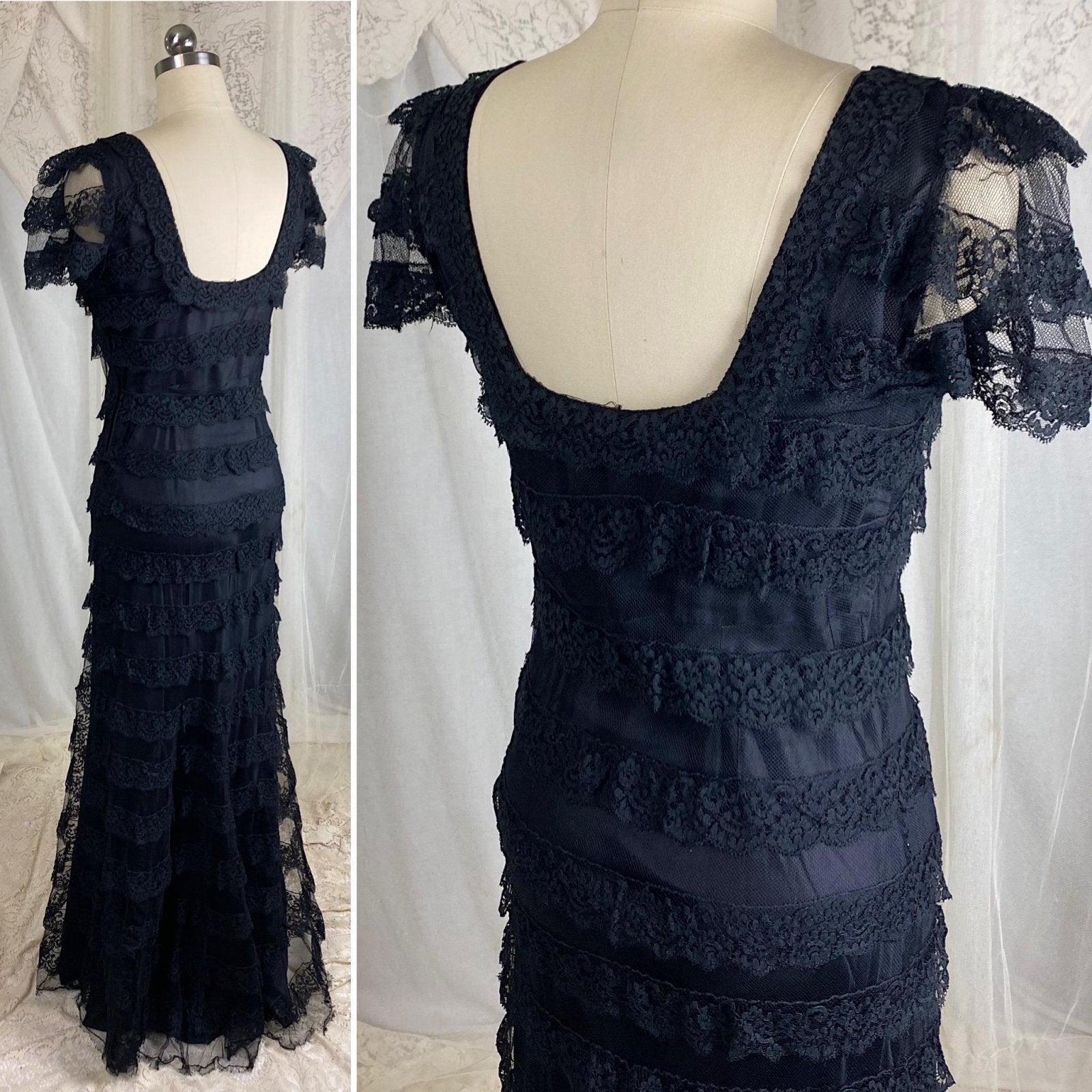 Vintage 1940's Evening Gown - Black Tulle Net with Ruffled Floral Lace & Taffeta Lining - Size S, M - Daggers & Dames