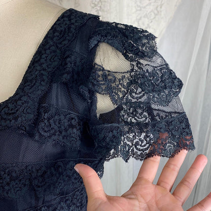 Vintage 1940's Evening Gown - Black Tulle Net with Ruffled Floral Lace & Taffeta Lining - Size S, M - Daggers & Dames
