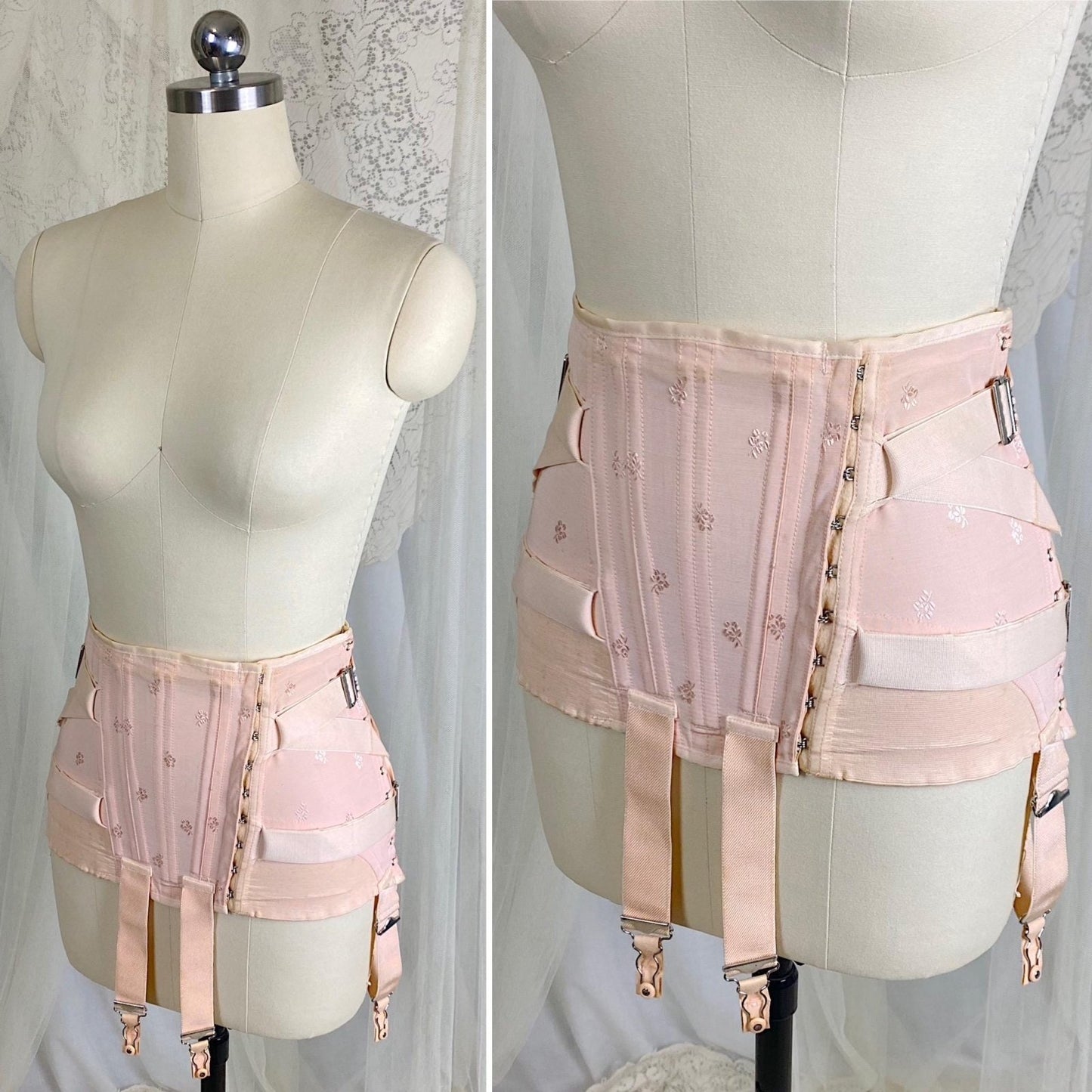 Vintage 1940's Girdle - Candy Pink Rayon Blend with Floral Satin Damask & Double Fan Corset Lacing - Size M - By Truform - Daggers & Dames