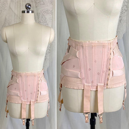 Vintage 1940's Girdle - Candy Pink Rayon Blend with Floral Satin Damask & Double Fan Corset Lacing - Size M - By Truform - Daggers & Dames